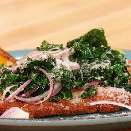 Basic Chicken Milanese with Wilted Kale, Parmigiano-Reggiano, Pan-Roasted Lemon and Olive Oil