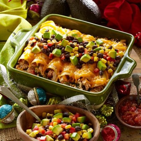 Chicken Enchiladas w/Black Bean, Avocado & Corn Salsa
