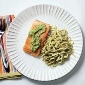 Seared Salmon with Linguine and Ramp Pesto