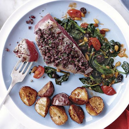 Olive-Crusted Tuna with Spinach Ragù