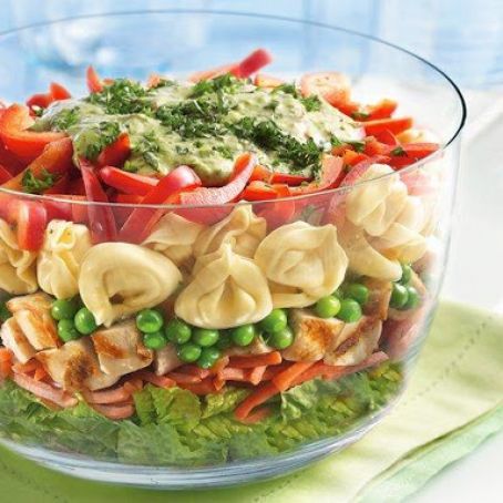 Layered Tortellini Pesto Chicken Salad