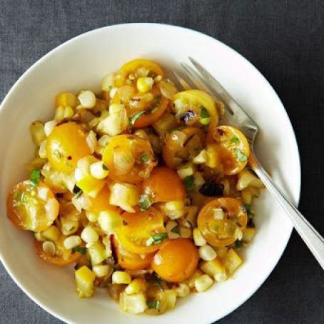 Tomato Salad with Corn, Summer Squash and Roasted Onions
