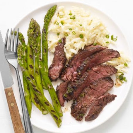 GRILLED STEAK AND ASPARAGUS WITH ORZO