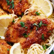 Crispy Parmesan Chicken with Creamy Lemon Garlic Pasta