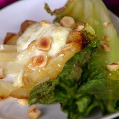 Wilted Romaine Salad with Roasted Pears, Taleggio and Hazelnuts