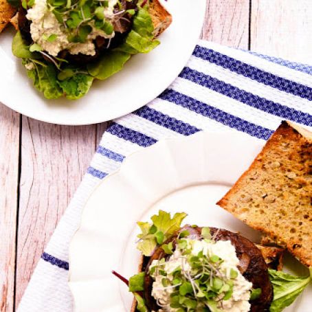 Juicy Portobello Burgers with Vegan Blue Cheese & Caramelized Onions