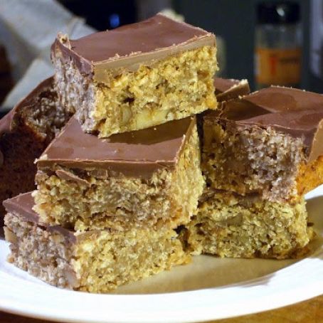 Chocolate covered banana, honey and walnut flapjacks