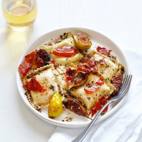 Caramelized Figs and Ravioli with Rosemary Brown Butter & Crispy Prosciutto