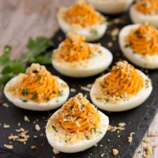Sriracha Deviled Eggs with Garlic Toast Crumb Topping