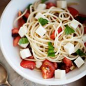Spaghetti with Tomatoes, Basil, Olives, and Fresh Mozzarella