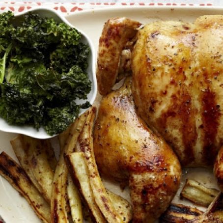 Spatchcock Chicken With Mustard-Glazed Parsnips and Crispy Kale