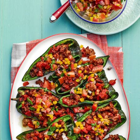 Grilled Stuffed Poblanos with Bell Pepper Salsa