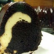 Rich Fudge Ribbon Bundt Cake with Shiny Kahlua Chocolate Icing