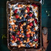 Lavender Plum Berry Sheet Cake with a Lemon Vanilla Glaze