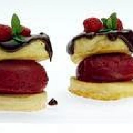 Mini Pancakes with Raspberry Sorbet and Chocolate Sauce