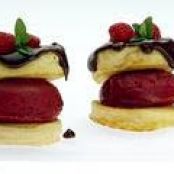 Mini Pancakes with Raspberry Sorbet and Chocolate Sauce