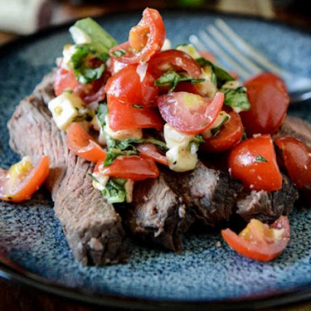 Red Wine Marinated Flank Steak with Cherry Tomato Caprese Salsa