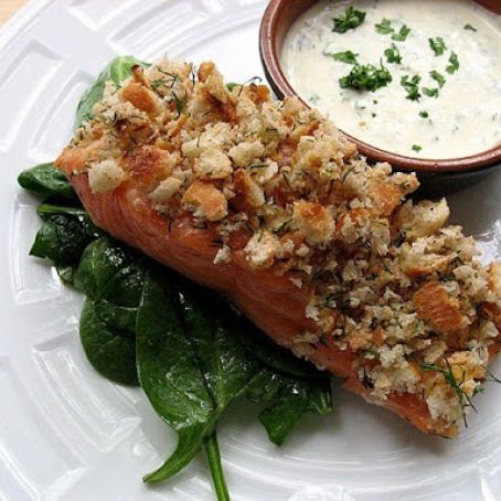 Salmon, Dill-Crusted with Herbed Lemon Yogurt Sauce