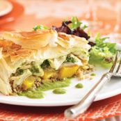 Chicken Phyllo Pie w/Fresh Peaches & Pesto Cream