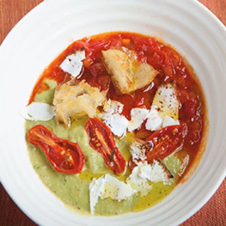 tomato soup and spicy  zucchini purée