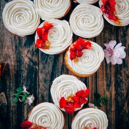 Citrus Cornmeal Cupcakes with Fresh Strawberries, Fig Jam, and Goat Cheese Frosting
