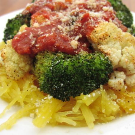 Spaghetti Squash with Roasted Broccoli and Cauliflower