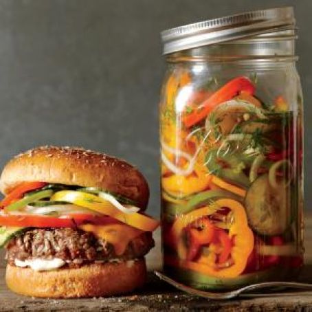 Pickled peppers, onions and cucumbers