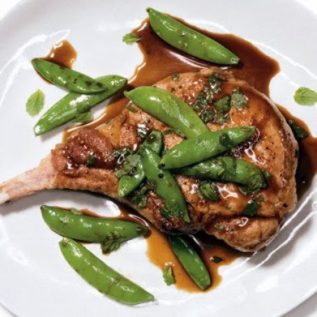 Pork Chops and Sugar Snap Peas with Mint Julep Glaze