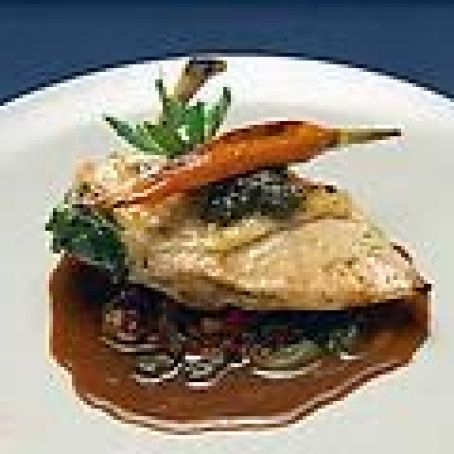 Chicken Florentine with Spring Vegetable and Double Potato Hash and Red Wine Demi-Glace