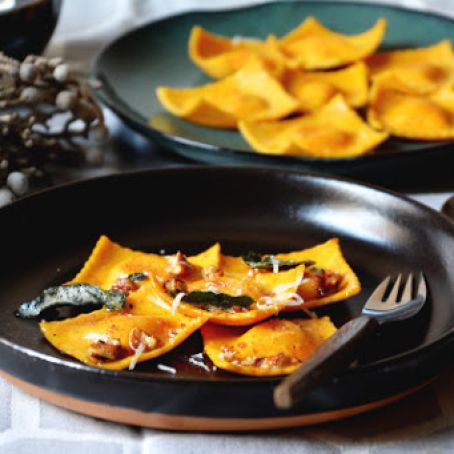 Carrot Ricotta Ravioli with Brown Butter Sage Sauce and Crushed Pecans
