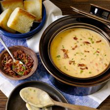Creamy Cheddar Cheese Soup with Crispy Bacon & Chives