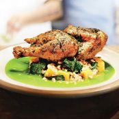 Skillet-Roasted Chicken with Farro and Herb Pistou