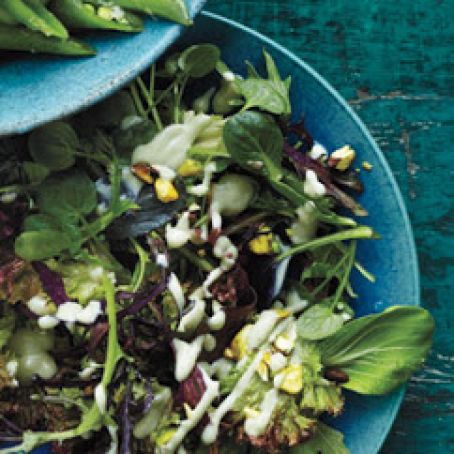 Spring Lettuces With Avocado Dressing and Pistachios