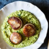 Seared Sea Scallops with Gingered Pea Purée and Cilantro Gremolata