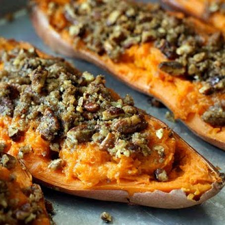 Twice-Baked Sweet Potatoes with Chipotle Pecan Streusel
