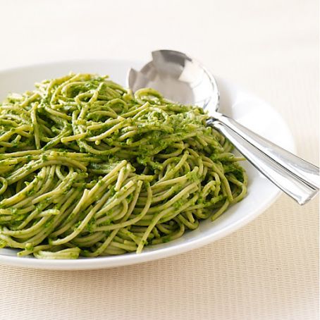 Spaghetti with Basil Pistachio Pesto