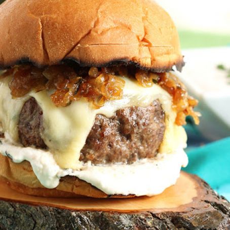 French Dip Burger with Havarti, Swiss and Bourbon Fried Onions