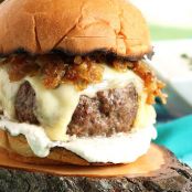 French Dip Burger with Havarti, Swiss and Bourbon Fried Onions