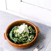 Zucchini Spaghetti with Peas, Crème Fraîche and Pesto