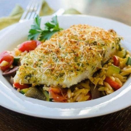 Parmesan Crusted Halibut (Orzo with Tomatoes & Zucchini)