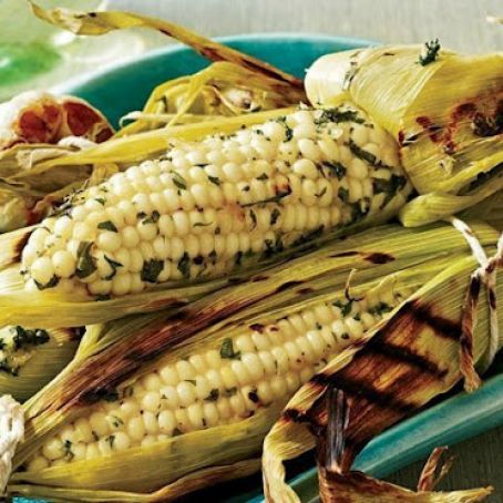 Corn on the Cob Grilled with Roasted Garlic and Herbs