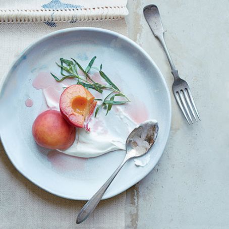 Riesling-Poached Peaches with Tarragon and Salted Sour Cream
