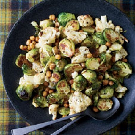 Jerk-Spiced Brussels Sprouts, Cauliflower and Chickpeas