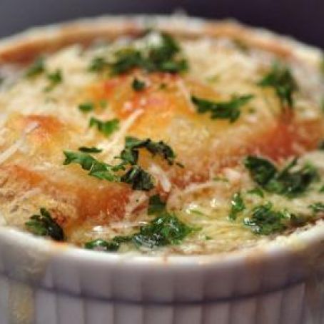 French Onion and Mushroom Soup with Bourbon and Swiss Cheese