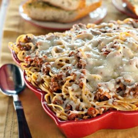 Mama’s Spaghetti Casserole with Baked Garlic Herb Bread