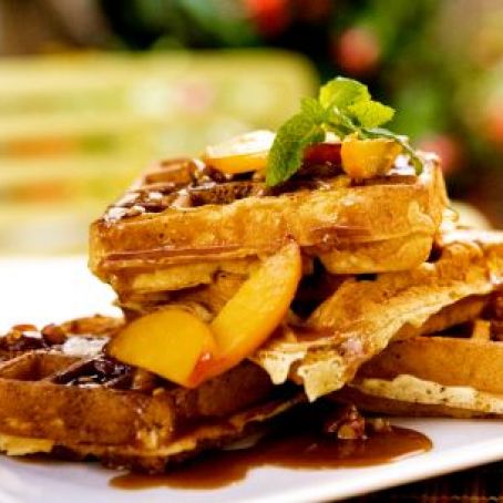 Sour Cream Waffles with Fresh Peaches and Toasted Pecan Praline Sauce