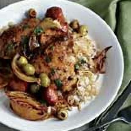 Lemon-Garlic Spanish Chicken Thighs and Rice Pilaf