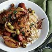 Lemon-Garlic Spanish Chicken Thighs and Rice Pilaf