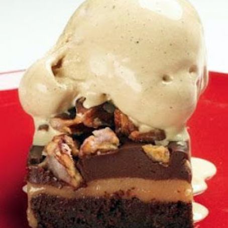 Layered Brownies with White-Chocolate Caramel and Cacao Nib Gelato