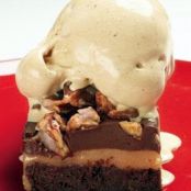 Layered Brownies with White-Chocolate Caramel and Cacao Nib Gelato
